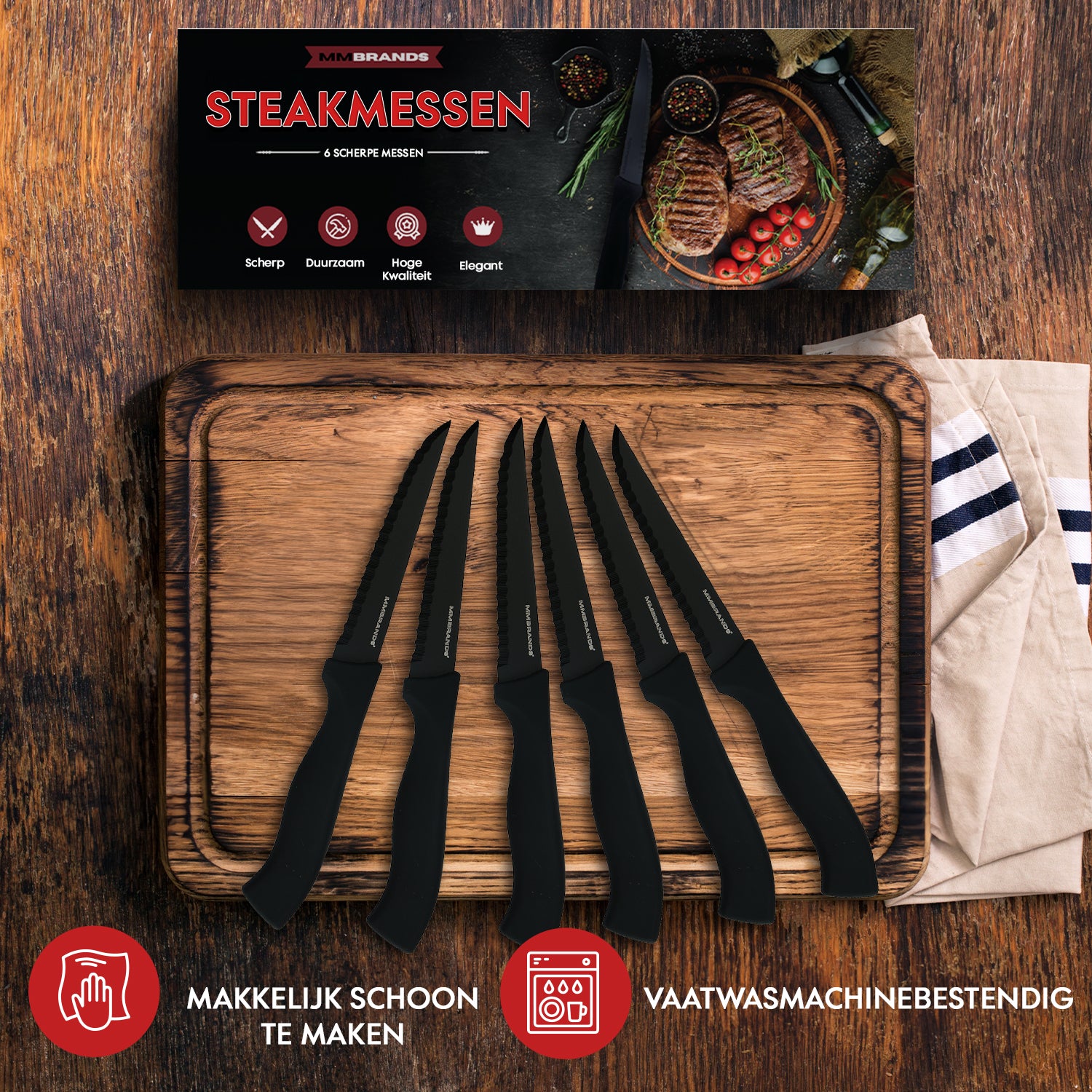 Steakmessen Set - 6 Stuks - Zwart