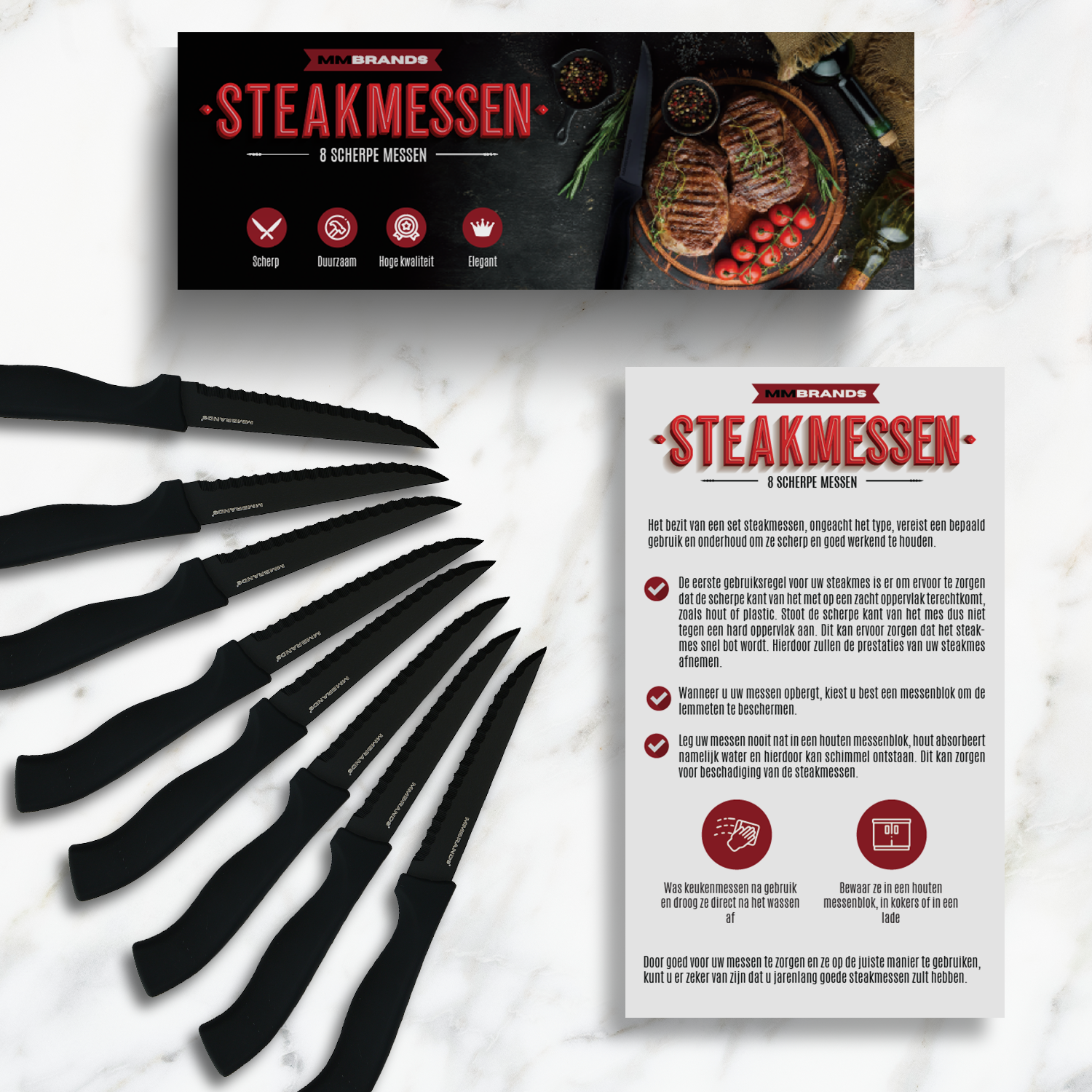 Steakmessen Set - 8 Stuks - Zwart